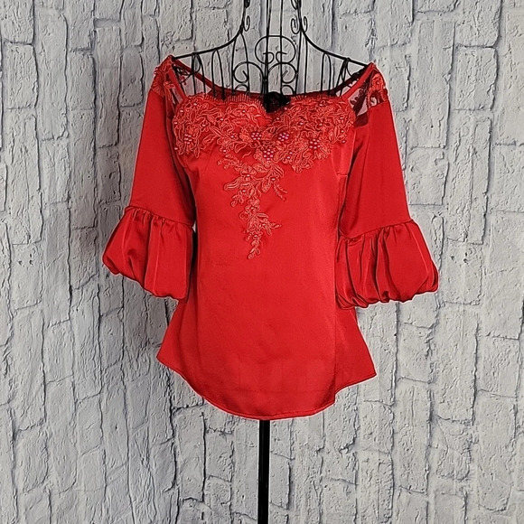 SANDY FASHION Red Beaded, Appliqued, and Ruffled Blouse‎ Small - Picture 1 of 10